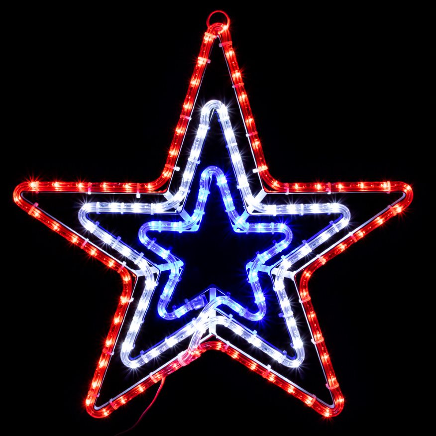 LED Rope Light Patriotic Triple Star Decoration - Lighted Sign - Red, Cool White, and Blue - 20 Inch Questions & Answers