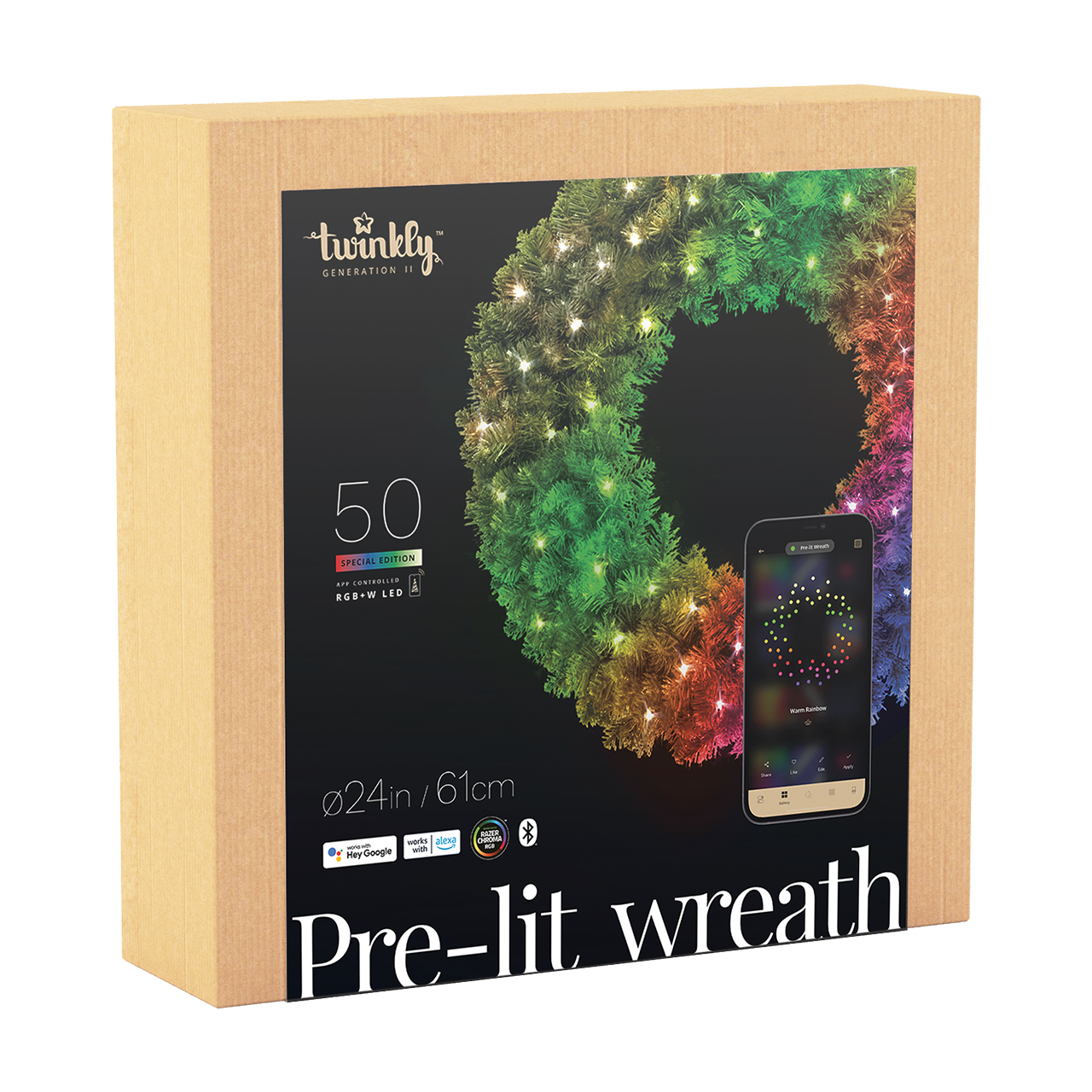 Twinkly Smart Lights - 50 LED Special Edition RGB+W Multicolor & White Chasing Pre-Lit Wreath - Generation II - BT+WiFi - 24 Inches Questions & Answers