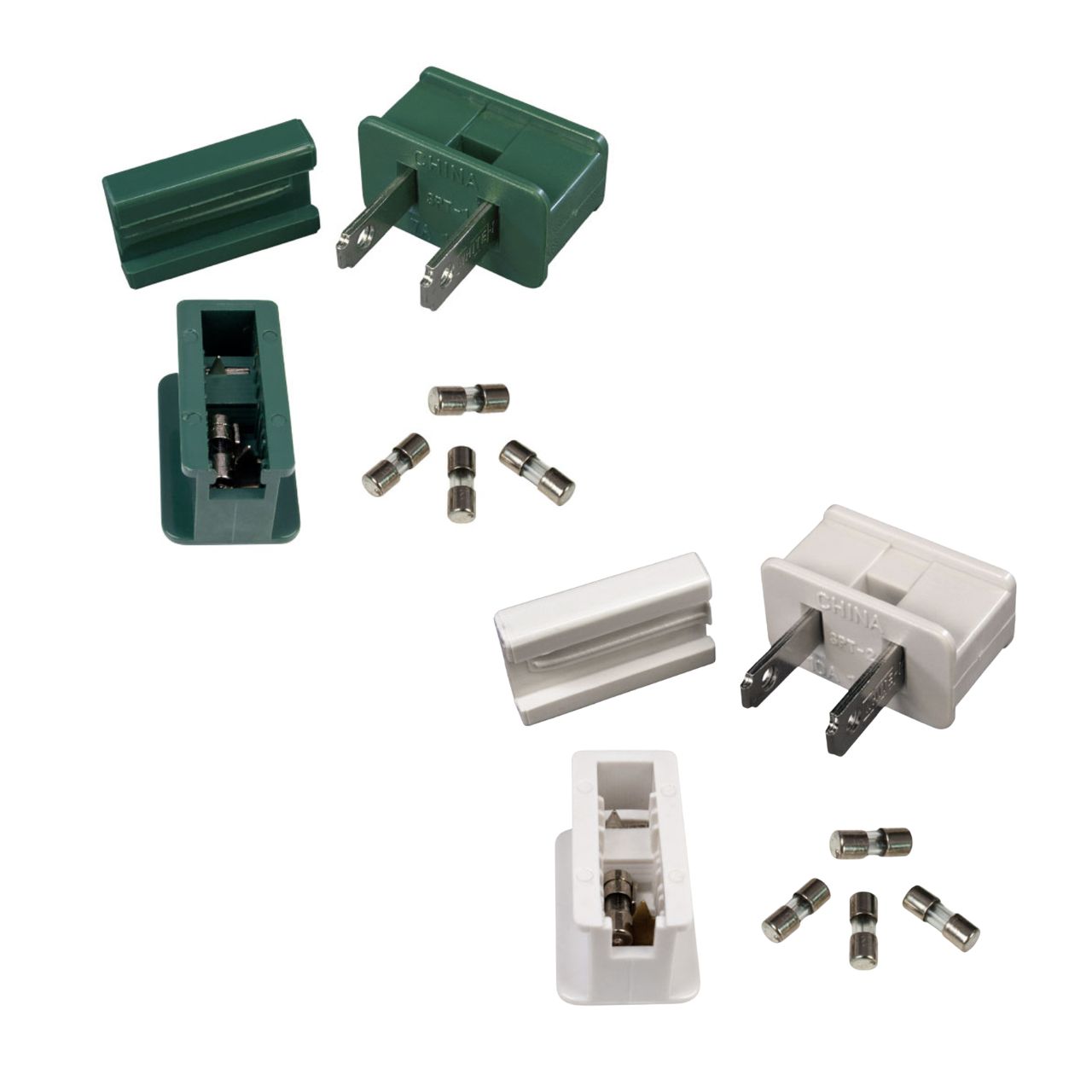 SPT1 / SPT2 Fused Male Snap on Vampire Zip Cord Plugs - 12 Pack - Green and White Questions & Answers